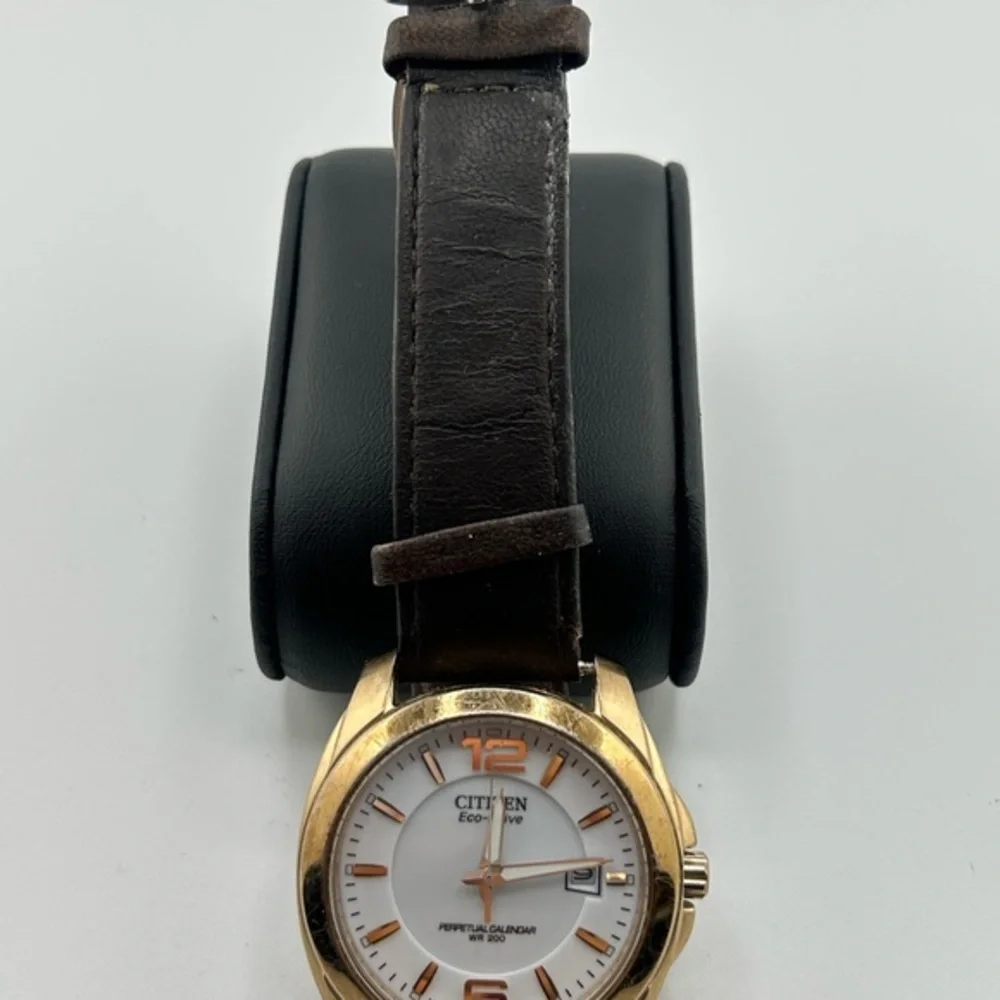 Citizen Eco-Drive Gold and Brown leather white dial Watch #593